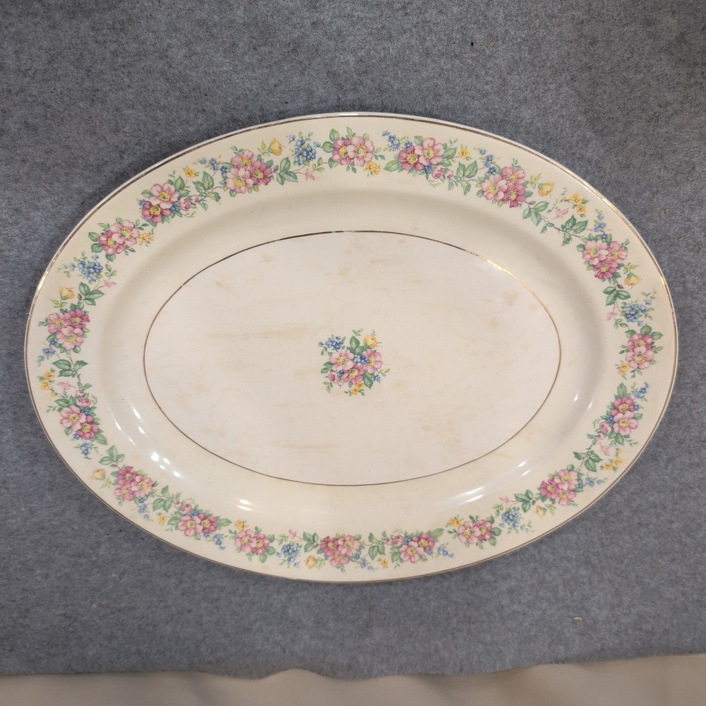 The Harker Pottery Co Vintage Floral Oval Serving Platter Gold Trim Made in USA - Picture 1 of 8